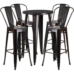 24'' Round Black-Antique Gold Metal Indoor-Outdoor Bar Table Set with 4 Cafe Stools