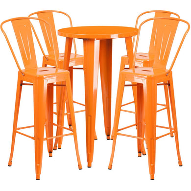 24'' Round Orange Metal Indoor-Outdoor Bar Table Set with 4 Cafe Stools