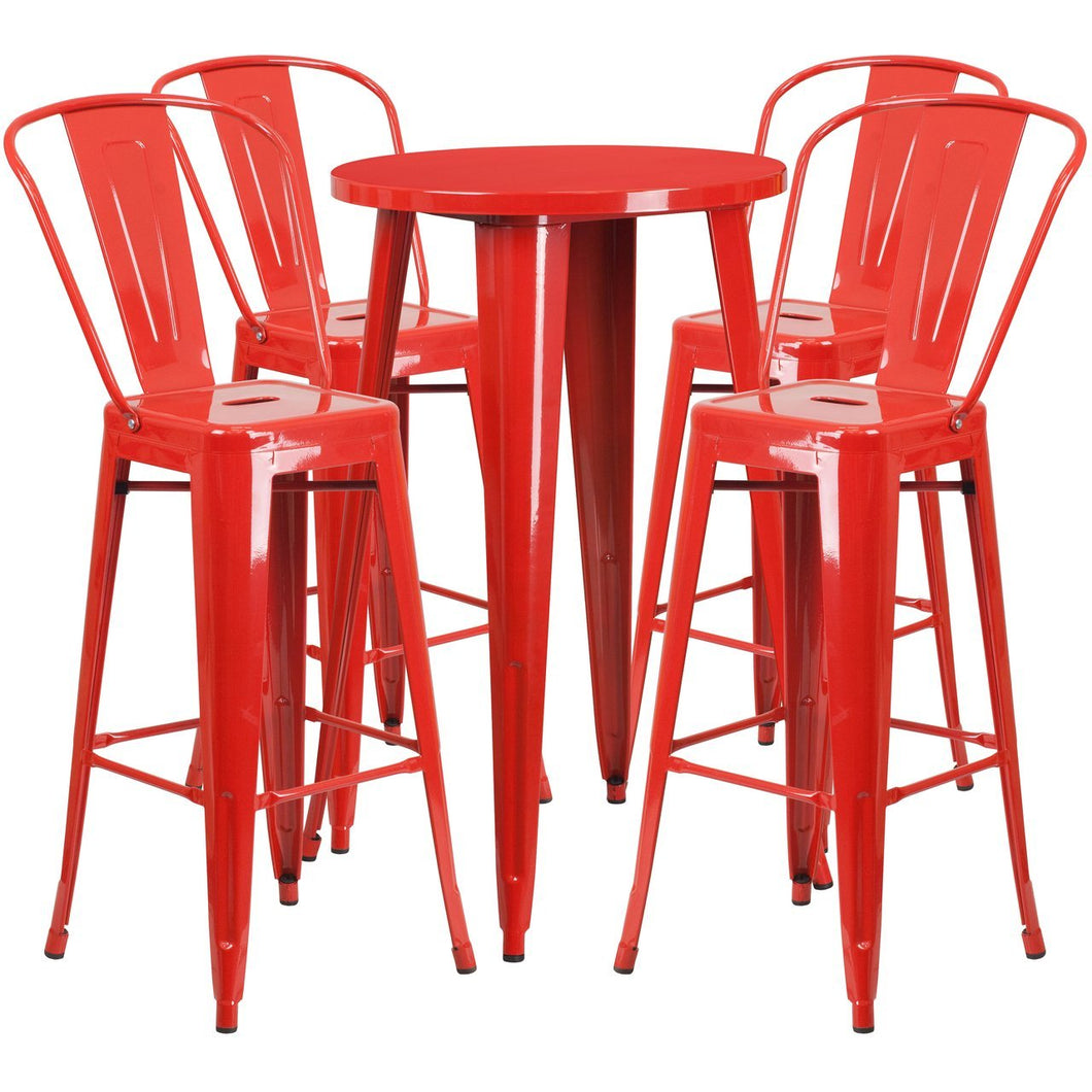 24'' Round Red Metal Indoor-Outdoor Bar Table Set with 4 Cafe Stools