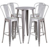 24'' Round Silver Metal Indoor-Outdoor Bar Table Set with 4 Cafe Stools