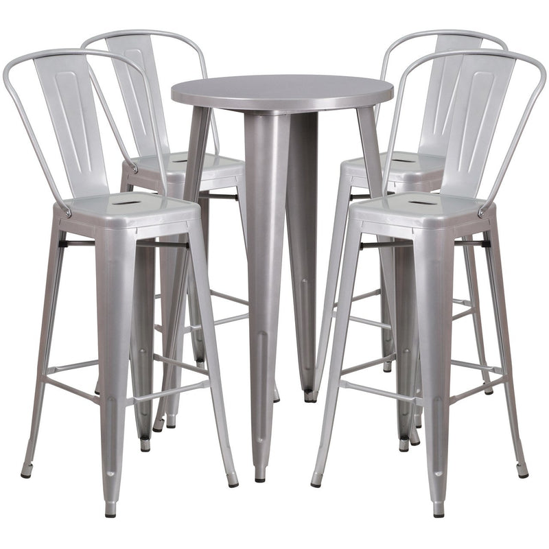 24'' Round Silver Metal Indoor-Outdoor Bar Table Set with 4 Cafe Stools