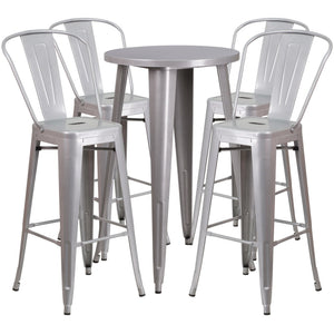 24'' Round Silver Metal Indoor-Outdoor Bar Table Set with 4 Cafe Stools