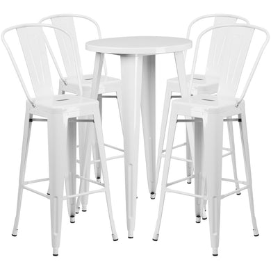 24'' Round White Metal Indoor-Outdoor Bar Table Set with 4 Cafe Stools