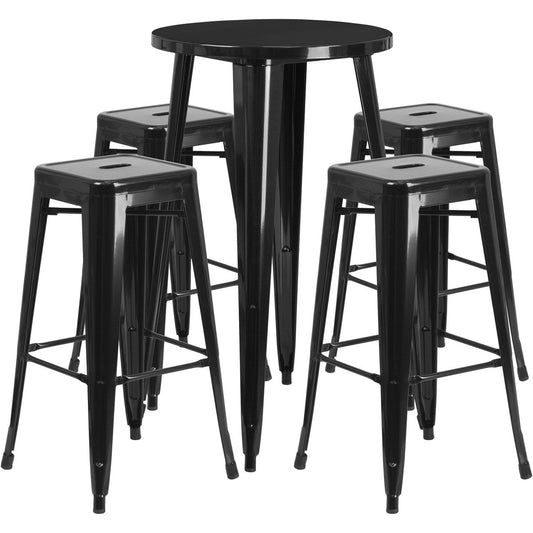 24'' Round Black Metal Indoor-Outdoor Bar Table Set with 4 Square Seat Backless Stools