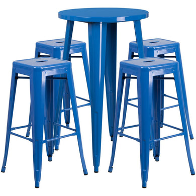 24'' Round Blue Metal Indoor-Outdoor Bar Table Set with 4 Square Seat Backless Stools