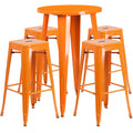 24'' Round Orange Metal Indoor-Outdoor Bar Table Set with 4 Square Seat Backless Stools