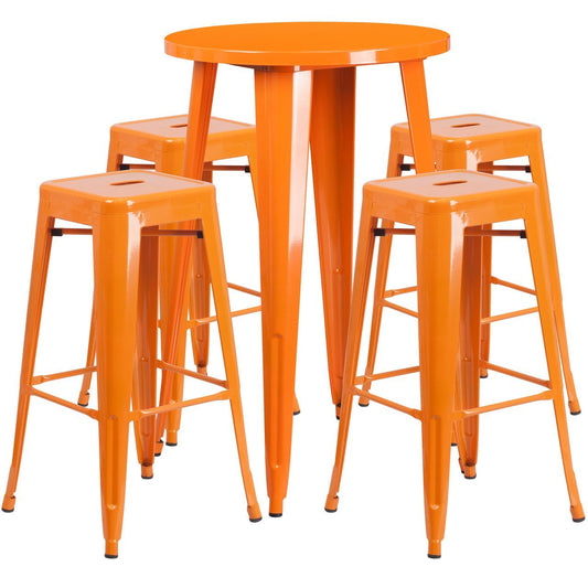 24'' Round Orange Metal Indoor-Outdoor Bar Table Set with 4 Square Seat Backless Stools
