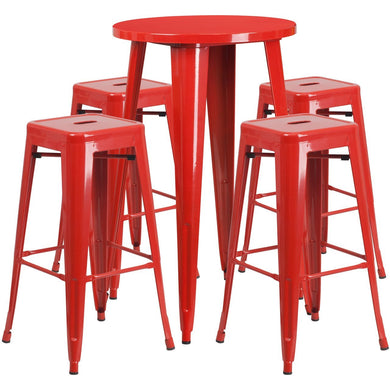 24'' Round Red Metal Indoor-Outdoor Bar Table Set with 4 Square Seat Backless Stools