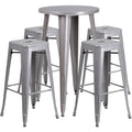 24'' Round Silver Metal Indoor-Outdoor Bar Table Set with 4 Square Seat Backless Stools