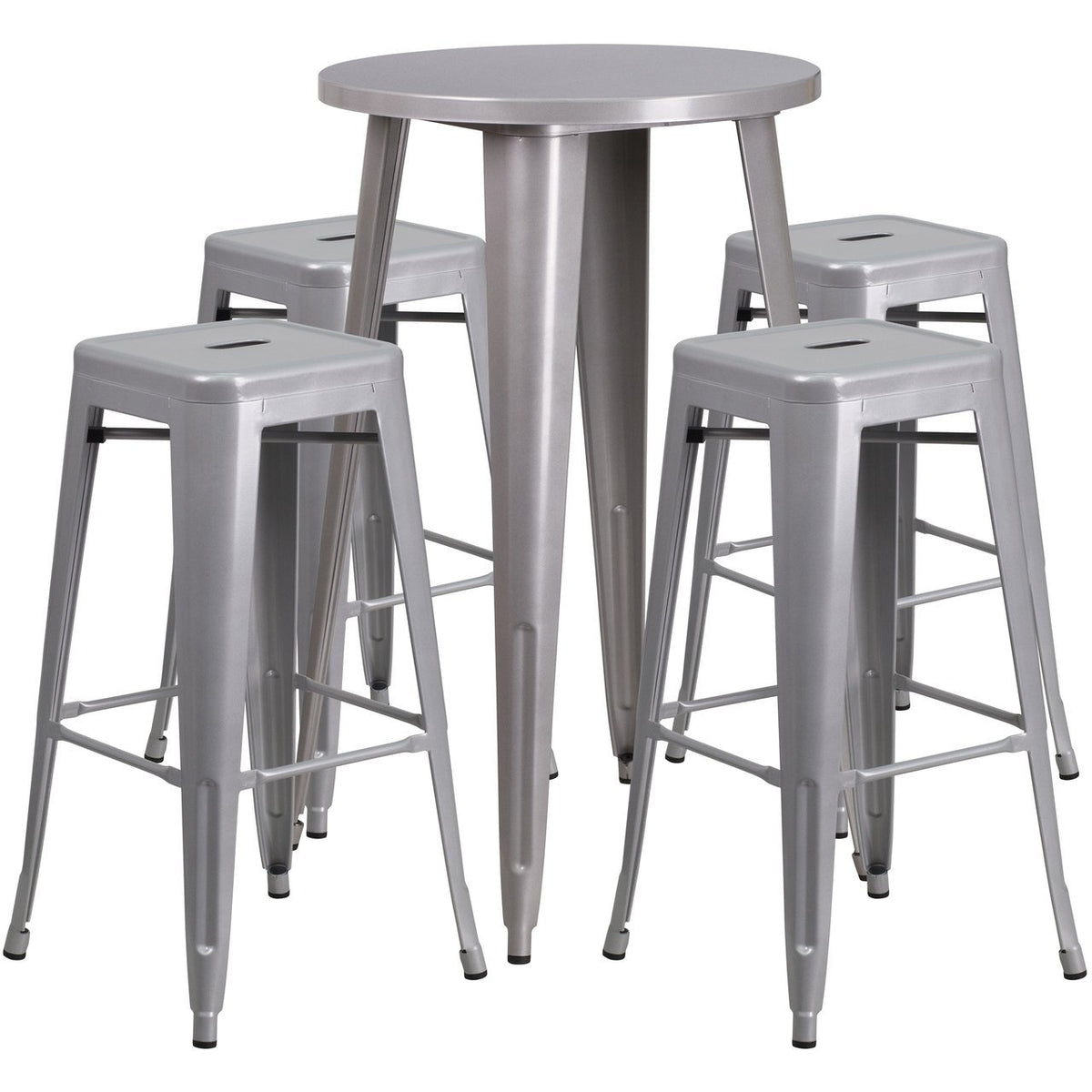 24'' Round Silver Metal Indoor-Outdoor Bar Table Set with 4 Square Seat Backless Stools