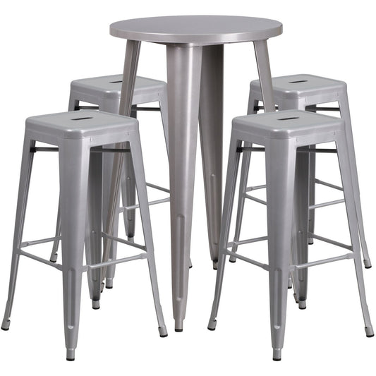 24'' Round Silver Metal Indoor-Outdoor Bar Table Set with 4 Square Seat Backless Stools