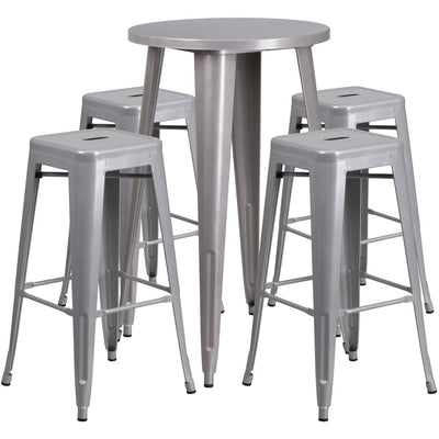 24'' Round Silver Metal Indoor-Outdoor Bar Table Set with 4 Square Seat Backless Stools