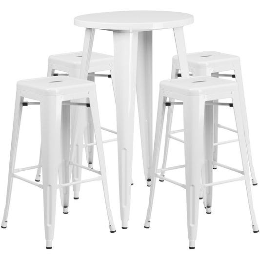 24'' Round White Metal Indoor-Outdoor Bar Table Set with 4 Square Seat Backless Stools
