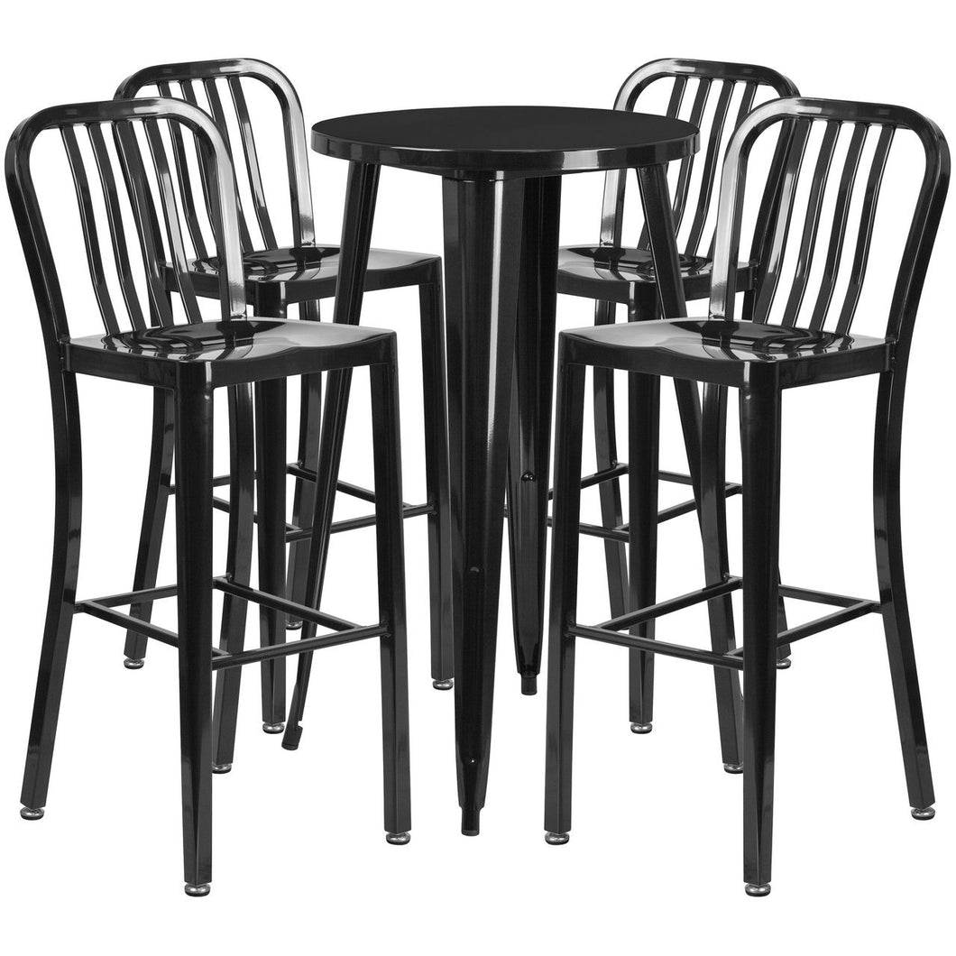 24'' Round Black Metal Indoor-Outdoor Bar Table Set with 4 Vertical Slat Back Stools