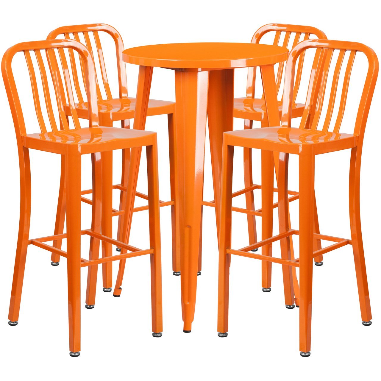 24'' Round Orange Metal Indoor-Outdoor Bar Table Set with 4 Vertical Slat Back Stools