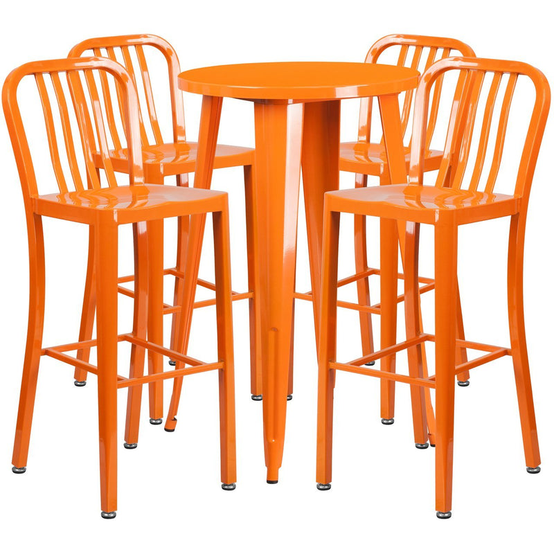24'' Round Orange Metal Indoor-Outdoor Bar Table Set with 4 Vertical Slat Back Stools