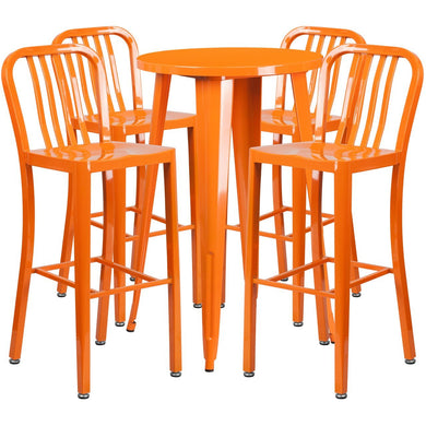 24'' Round Orange Metal Indoor-Outdoor Bar Table Set with 4 Vertical Slat Back Stools