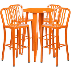 24'' Round Orange Metal Indoor-Outdoor Bar Table Set with 4 Vertical Slat Back Stools