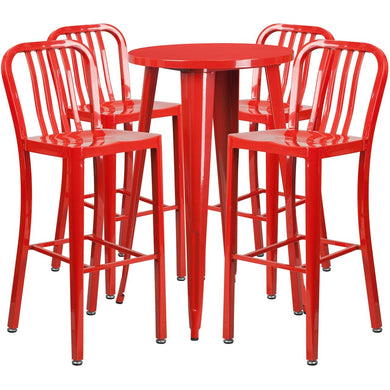 24'' Round Red Metal Indoor-Outdoor Bar Table Set with 4 Vertical Slat Back Stools