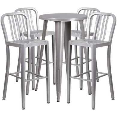 24'' Round Silver Metal Indoor-Outdoor Bar Table Set with 4 Vertical Slat Back Stools