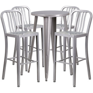 24'' Round Silver Metal Indoor-Outdoor Bar Table Set with 4 Vertical Slat Back Stools
