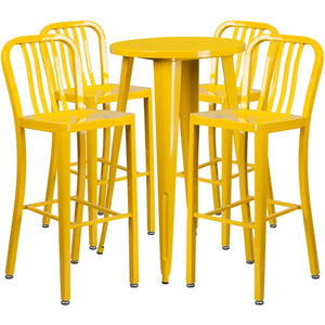 24'' Round Yellow Metal Indoor-Outdoor Bar Table Set with 4 Vertical Slat Back Stools