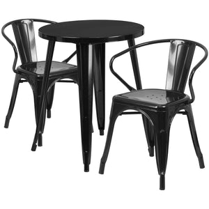 24'' Round Black Metal Indoor-Outdoor Table Set with 2 Arm Chairs