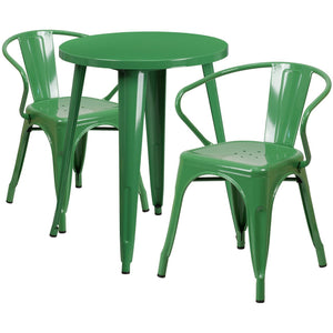 24'' Round Green Metal Indoor-Outdoor Table Set with 2 Arm Chairs