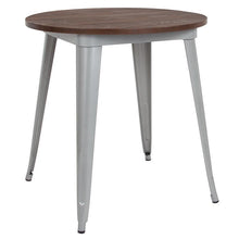 Load image into Gallery viewer, 26&quot; Round Silver Metal Indoor Table with Walnut Rustic Wood Top