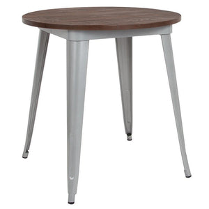 26" Round Silver Metal Indoor Table with Walnut Rustic Wood Top