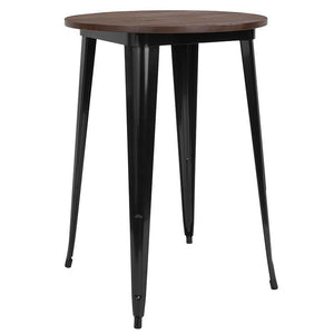 30" Round Black Metal Indoor Bar Height Table with Walnut Rustic Wood Top