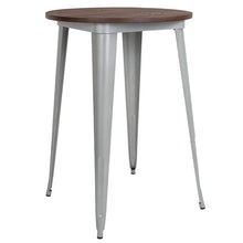Load image into Gallery viewer, 30&quot; Round Silver Metal Indoor Bar Height Table with Walnut Rustic Wood Top