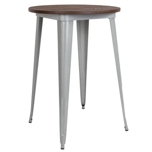 30" Round Silver Metal Indoor Bar Height Table with Walnut Rustic Wood Top