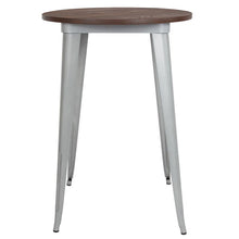 Load image into Gallery viewer, 30&quot; Round Silver Metal Indoor Bar Height Table with Walnut Rustic Wood Top