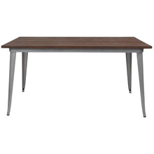Load image into Gallery viewer, 30.25&quot; x 60&quot; Rectangular Silver Metal Indoor Table with Walnut Rustic Wood Top