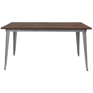 30.25" x 60" Rectangular Silver Metal Indoor Table with Walnut Rustic Wood Top
