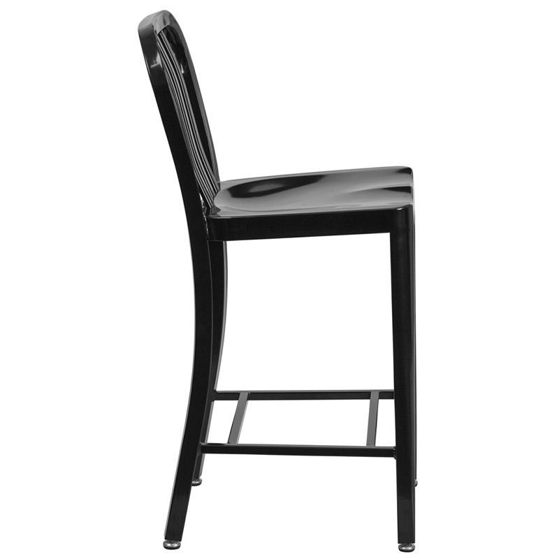 24'' High Black Metal Indoor-Outdoor Counter Height Stool with Vertical Slat Back