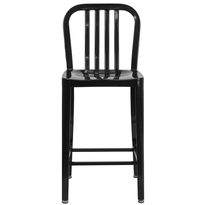 24'' High Black Metal Indoor-Outdoor Counter Height Stool with Vertical Slat Back