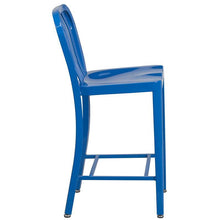 Load image into Gallery viewer, 24&#39;&#39; High Blue Metal Indoor-Outdoor Counter Height Stool with Vertical Slat Back