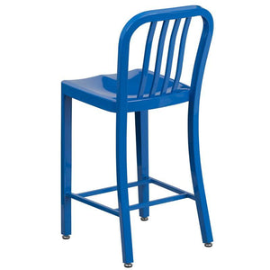 24'' High Blue Metal Indoor-Outdoor Counter Height Stool with Vertical Slat Back