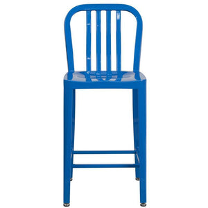 24'' High Blue Metal Indoor-Outdoor Counter Height Stool with Vertical Slat Back