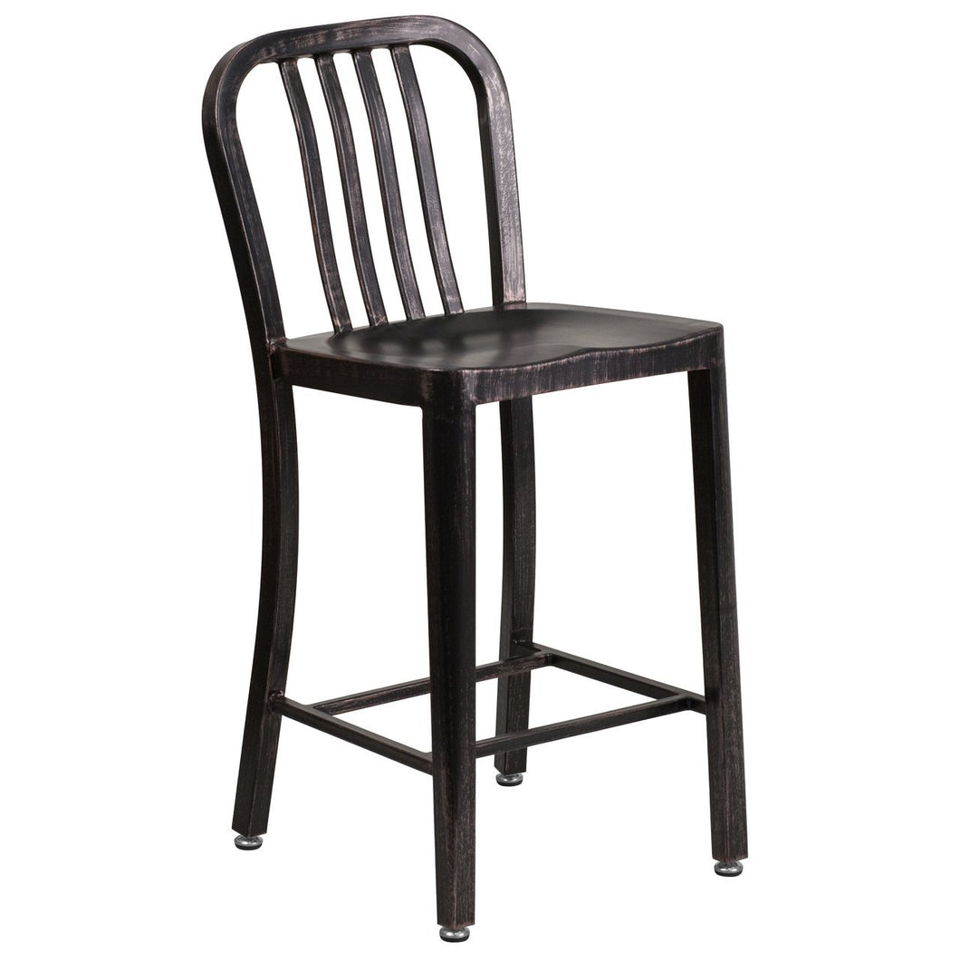 24'' High Black-Antique Gold Metal Indoor-Outdoor Counter Height Stool with Vertical Slat Back