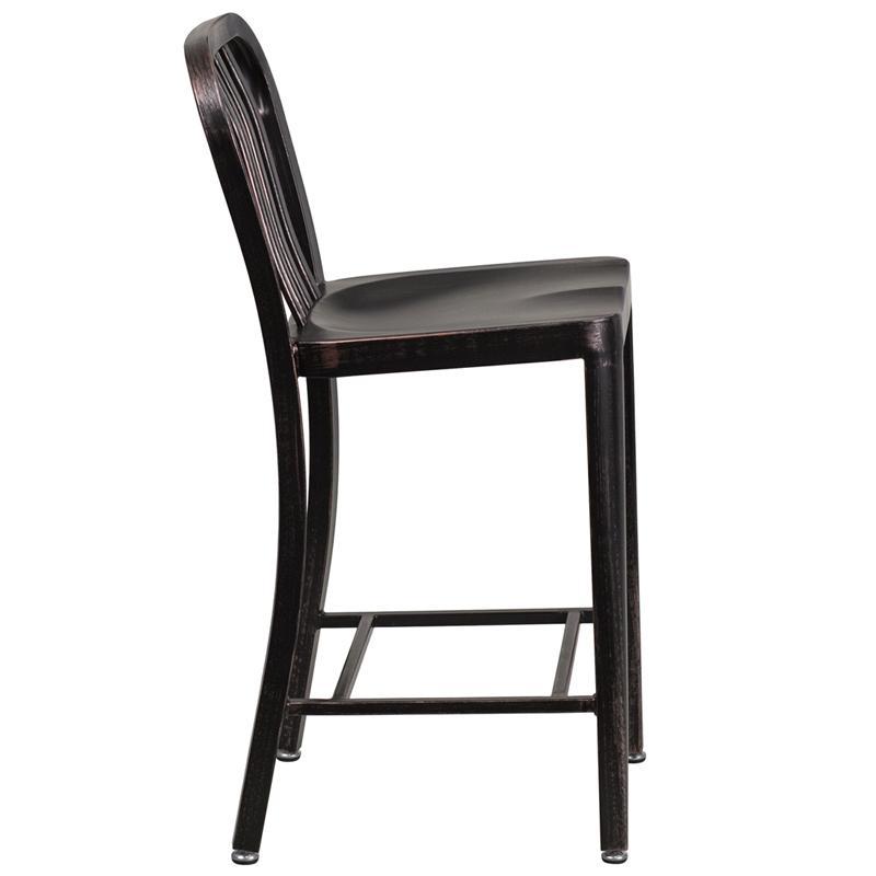 24'' High Black-Antique Gold Metal Indoor-Outdoor Counter Height Stool with Vertical Slat Back
