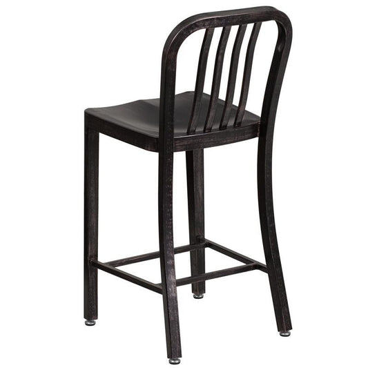 24'' High Black-Antique Gold Metal Indoor-Outdoor Counter Height Stool with Vertical Slat Back