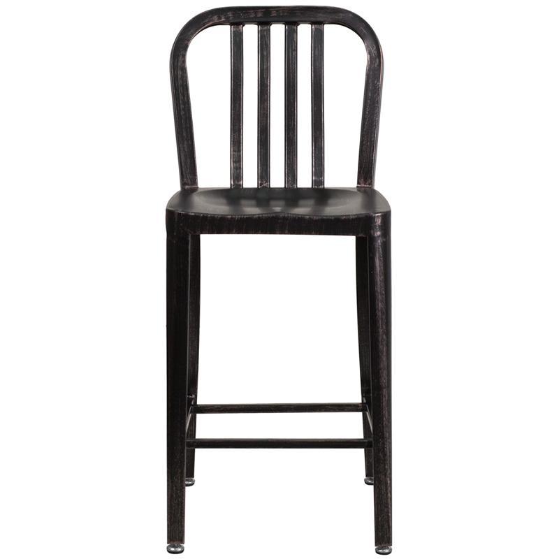 24'' High Black-Antique Gold Metal Indoor-Outdoor Counter Height Stool with Vertical Slat Back