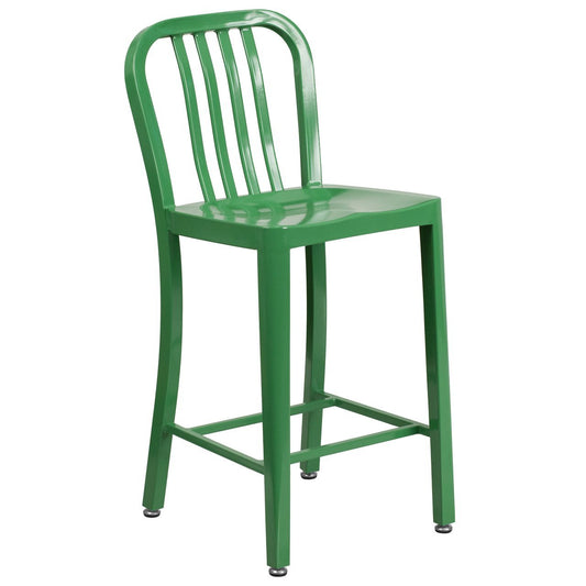 24'' High Green Metal Indoor-Outdoor Counter Height Stool with Vertical Slat Back