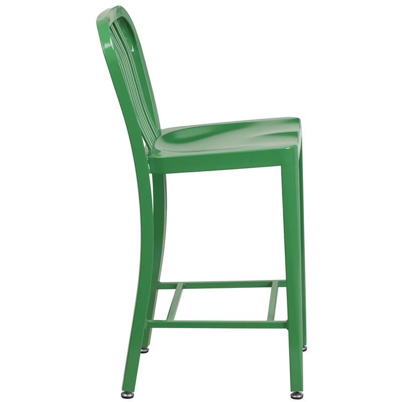 24'' High Green Metal Indoor-Outdoor Counter Height Stool with Vertical Slat Back