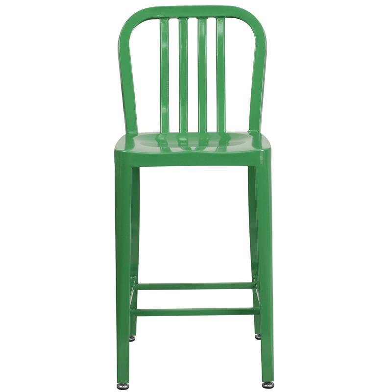 24'' High Green Metal Indoor-Outdoor Counter Height Stool with Vertical Slat Back