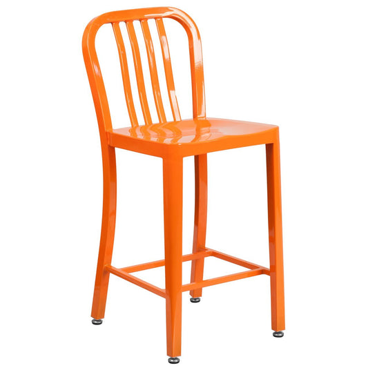 24'' High Orange Metal Indoor-Outdoor Counter Height Stool with Vertical Slat Back