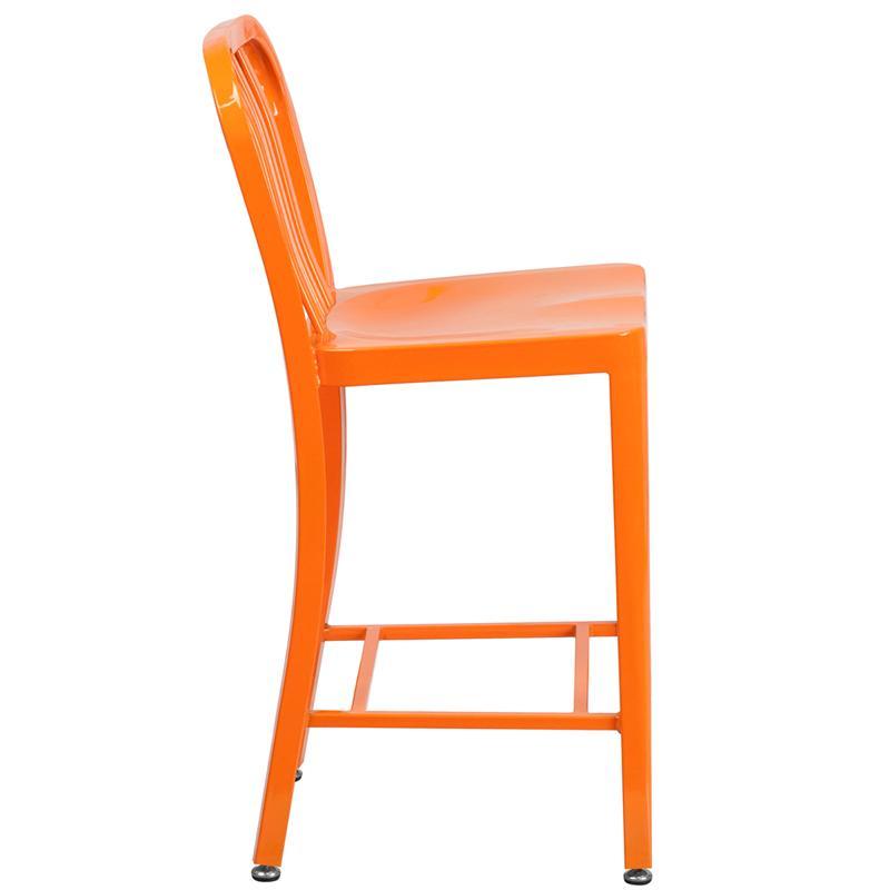 24'' High Orange Metal Indoor-Outdoor Counter Height Stool with Vertical Slat Back